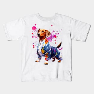 Vibrant Dachshund in Colorful Kimono Inspired by Japanese Culture Kids T-Shirt